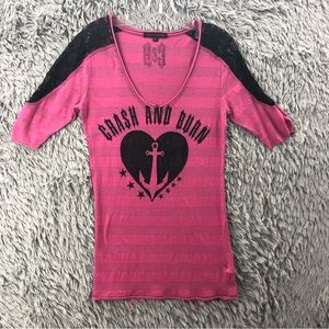 Crash and Burn Shirt Womens Large Lace Shoulder Embellished Stripe Heart